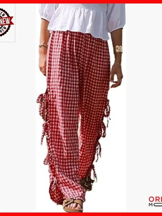 Y2K Wide Leg Gingham Pants Elastic High Waist Side Tie Loose Fit Lounge - Picture 1 of 4